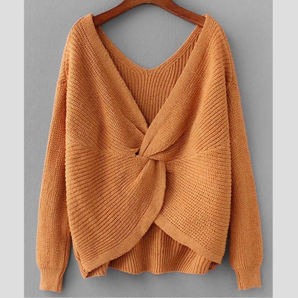 New! Back Twist Knot Oversized Sweater Brown - Picture 4 of 8